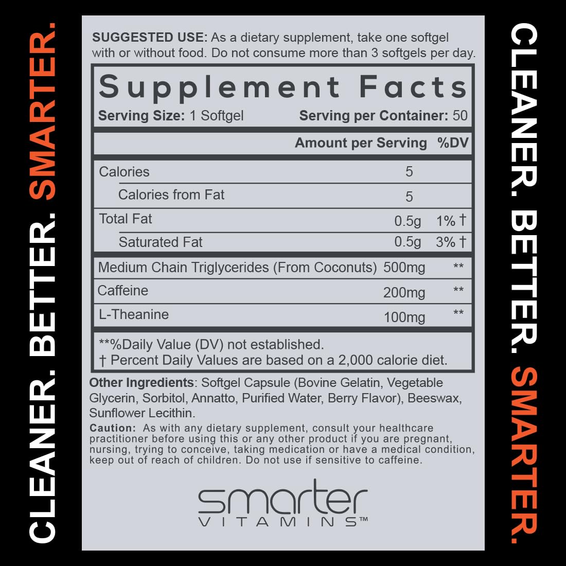 SmarterVitamins 200mg Caffeine Pills - MCT Oil from 100% Coconuts + 100mg L-Theanine, Energy and Focus - FENGGESTORE20