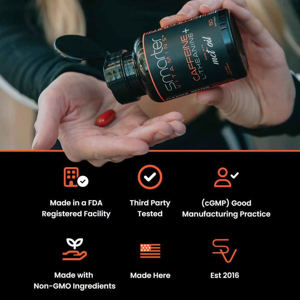 SmarterVitamins 200mg Caffeine Pills - MCT Oil from 100% Coconuts + 100mg L-Theanine, Energy and Focus - FENGGESTORE20