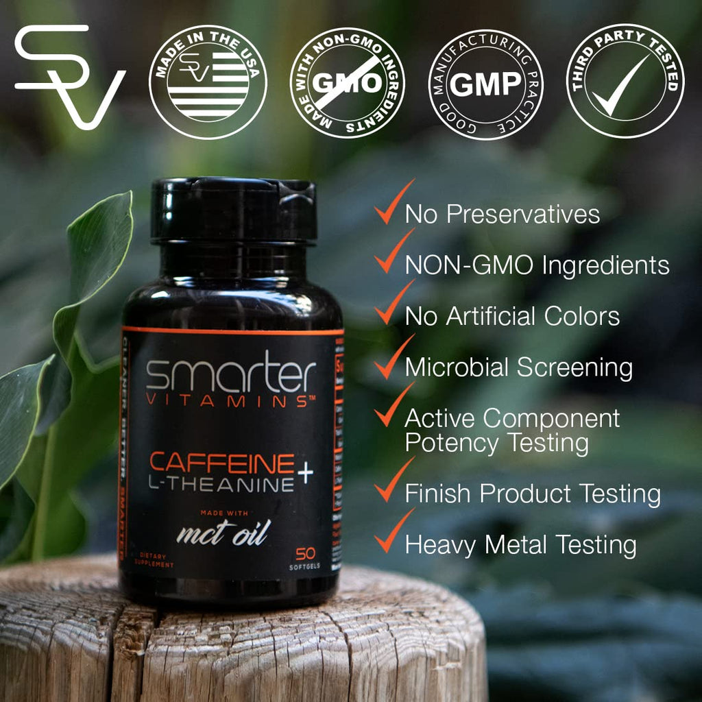 SmarterVitamins 200mg Caffeine Pills - MCT Oil from 100% Coconuts + 100mg L-Theanine, Energy and Focus - FENGGESTORE20