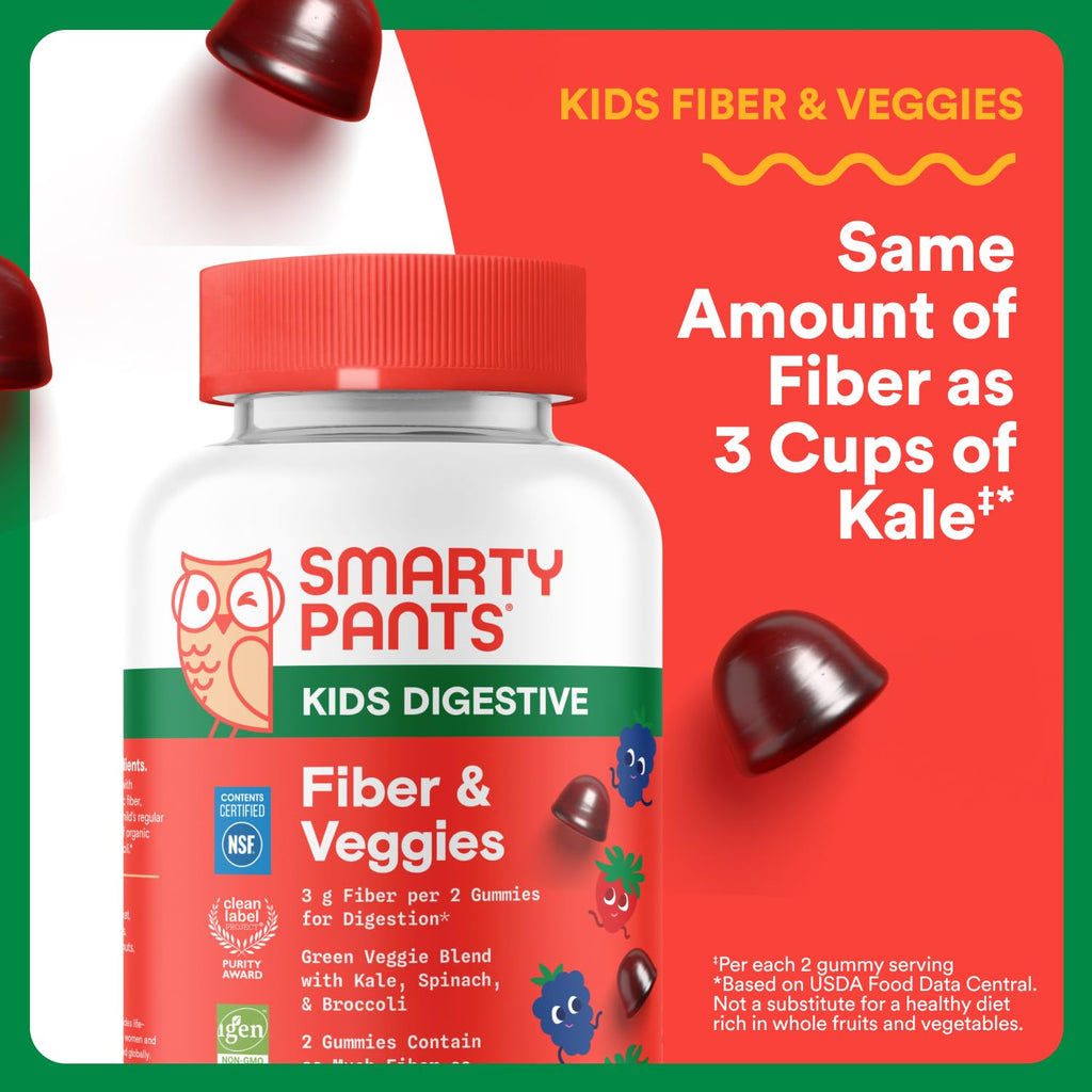 SmartyPants Kids Fiber & Veggies: Prebiotic Fiber Gummies for Kids, Fiber Supplement with Inulin, Organic Green Veggie Blend, Vegan, Gluten Free - FENGGESTORE20