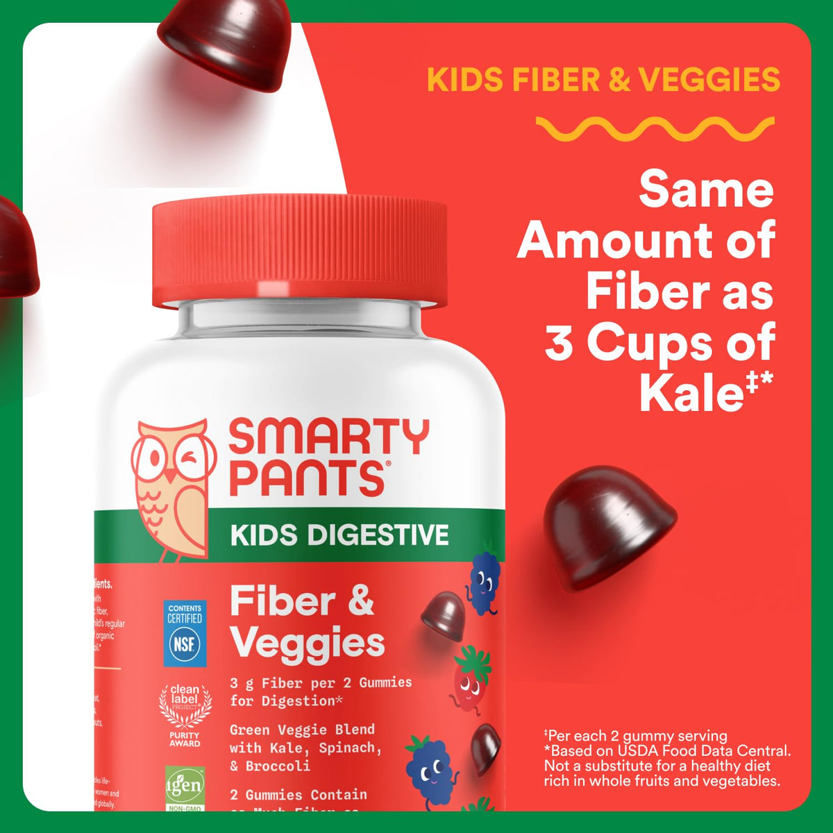 SmartyPants Kids Fiber & Veggies: Prebiotic Fiber Gummies for Kids, Fiber Supplement with Inulin, Organic Green Veggie Blend, Vegan, Gluten Free - FENGGESTORE20