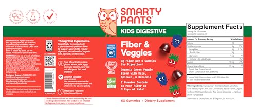 SmartyPants Kids Fiber & Veggies: Prebiotic Fiber Gummies for Kids, Fiber Supplement with Inulin, Organic Green Veggie Blend, Vegan, Gluten Free - FENGGESTORE20