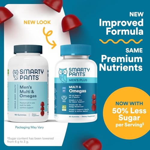 SmartyPants Men's Multivitamin Gummies with Omega 3 DHA/EPA, Methylfolate, Vitamin D3, C, B12, B6, A, K, Zinc - FENGGESTORE20