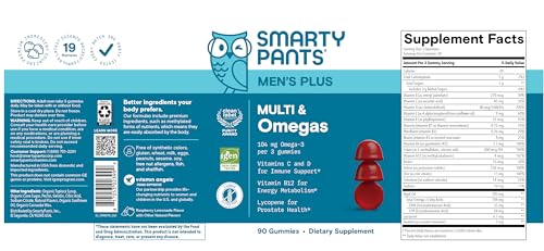 SmartyPants Men's Multivitamin Gummies with Omega 3 DHA/EPA, Methylfolate, Vitamin D3, C, B12, B6, A, K, Zinc - FENGGESTORE20