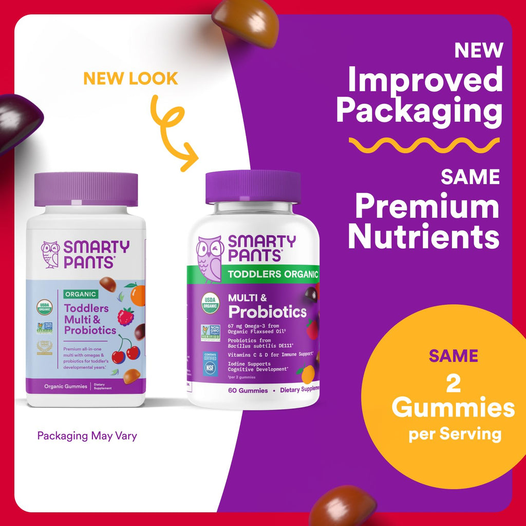 SmartyPants Organic Toddler Multivitamin Gummies: Probiotics, Omega 3 (ALA), Vitamin D3, C, Vitamin B12, B6, A, K & Zinc, Beta Carotene, Gluten Free - FENGGESTORE20