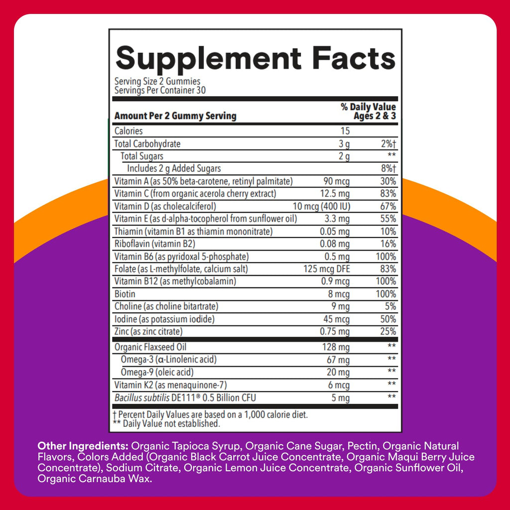 SmartyPants Organic Toddler Multivitamin Gummies: Probiotics, Omega 3 (ALA), Vitamin D3, C, Vitamin B12, B6, A, K & Zinc, Beta Carotene, Gluten Free - FENGGESTORE20