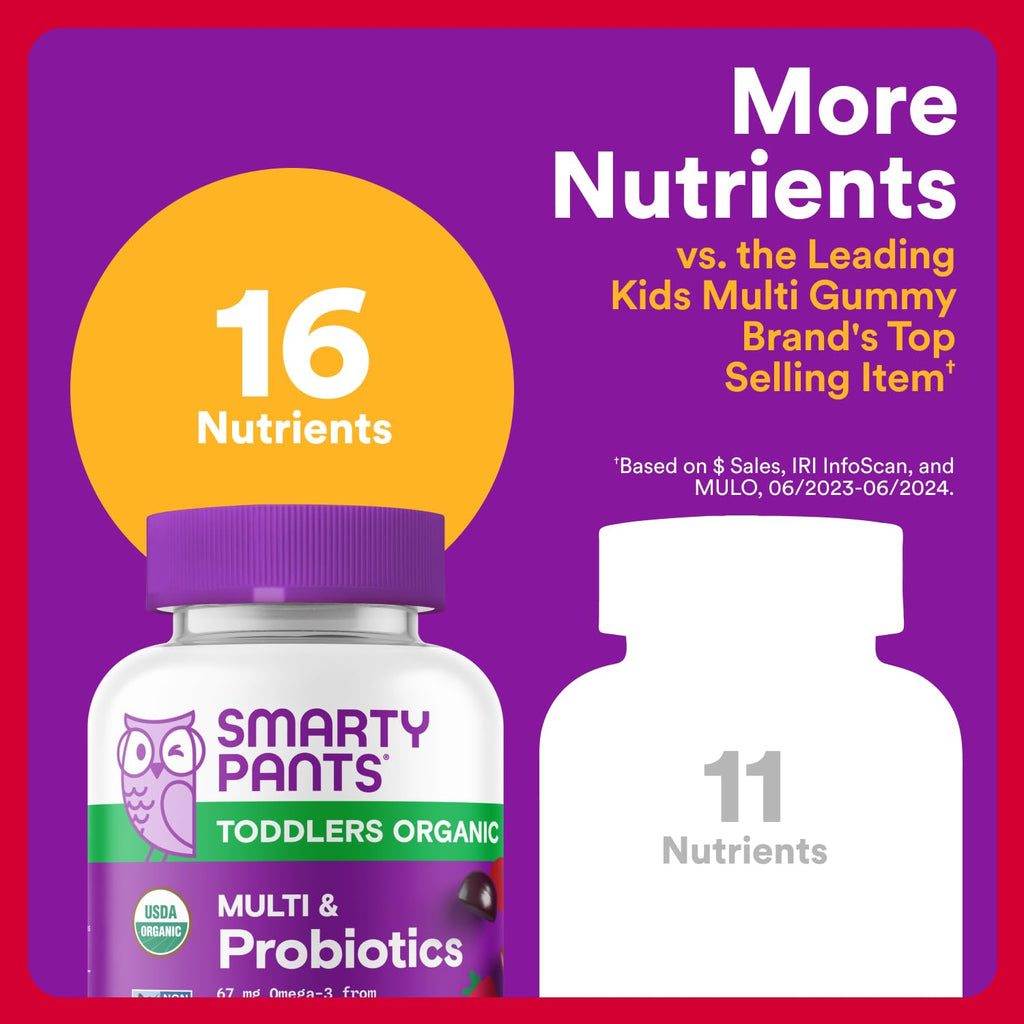SmartyPants Organic Toddler Multivitamin Gummies: Probiotics, Omega 3 (ALA), Vitamin D3, C, Vitamin B12, B6, A, K & Zinc, Beta Carotene, Gluten Free - FENGGESTORE20