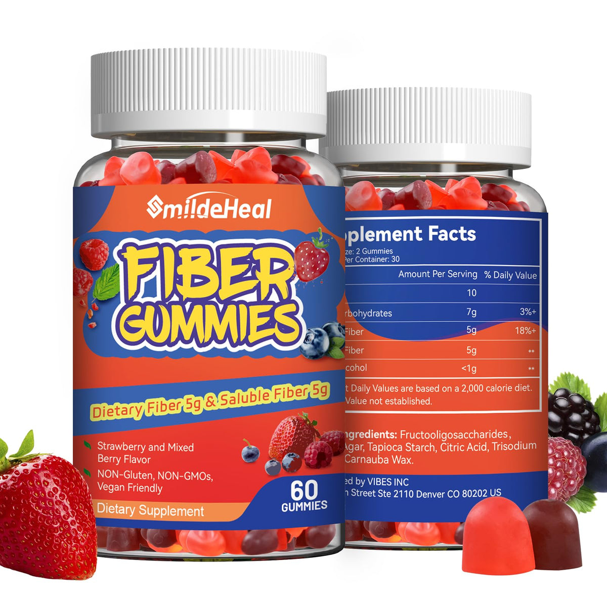 SmildeHeal Fiber Gummies, Dietary Fiber, for Women and Men, Gut Health Support, Non-GMOs, Non-Gluten, Vegan, Mixed Berry - FENGGESTORE20