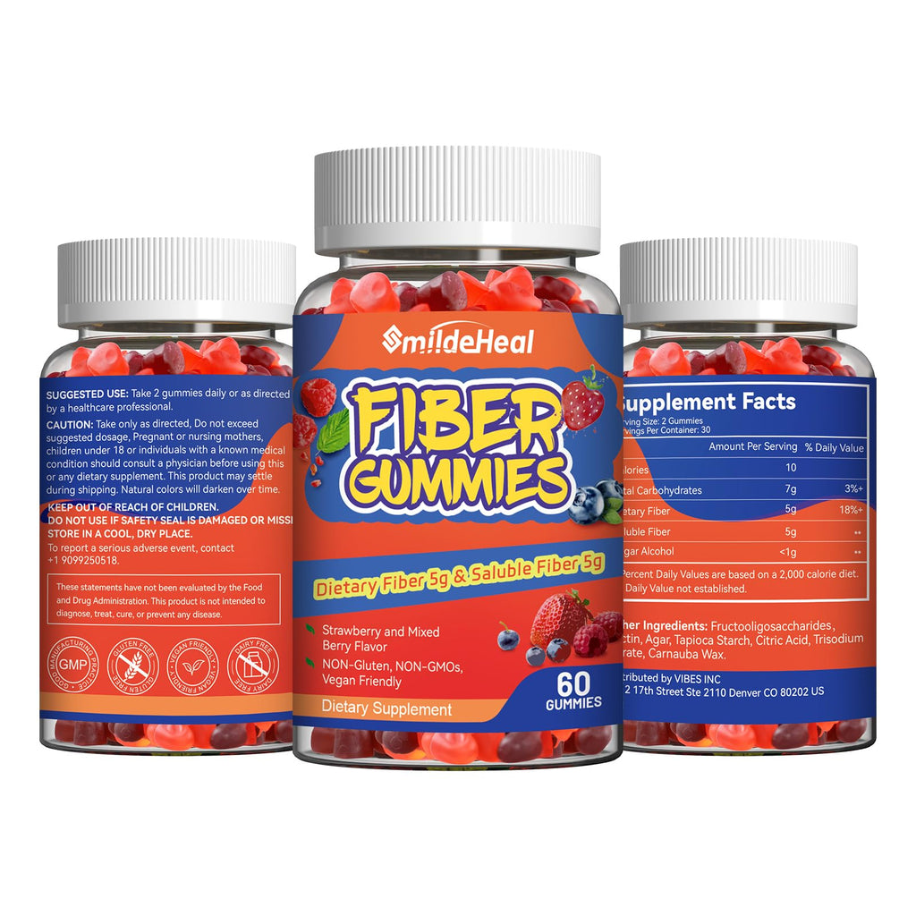 SmildeHeal Fiber Gummies, Dietary Fiber, for Women and Men, Gut Health Support, Non-GMOs, Non-Gluten, Vegan, Mixed Berry - FENGGESTORE20