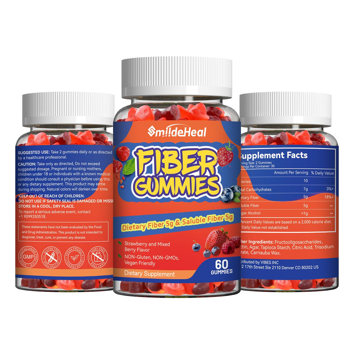 SmildeHeal Fiber Gummies, Dietary Fiber, for Women and Men, Gut Health Support, Non-GMOs, Non-Gluten, Vegan, Mixed Berry and Strawberry Flavor, 60 Count Gummies - FENGGESTORE20
