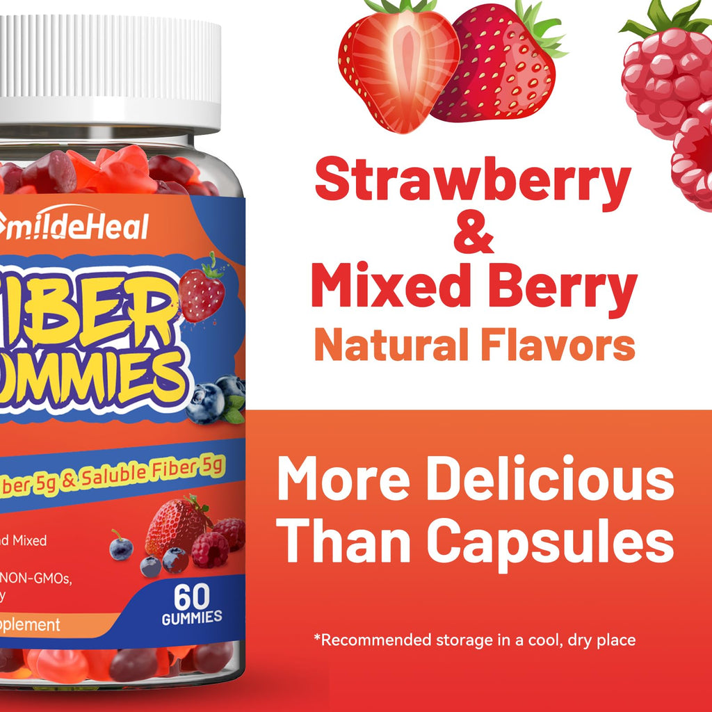 SmildeHeal Fiber Gummies, Dietary Fiber, for Women and Men, Gut Health Support, Non-GMOs, Non-Gluten, Vegan, Mixed Berry and Strawberry Flavor, 60 Count Gummies - FENGGESTORE20