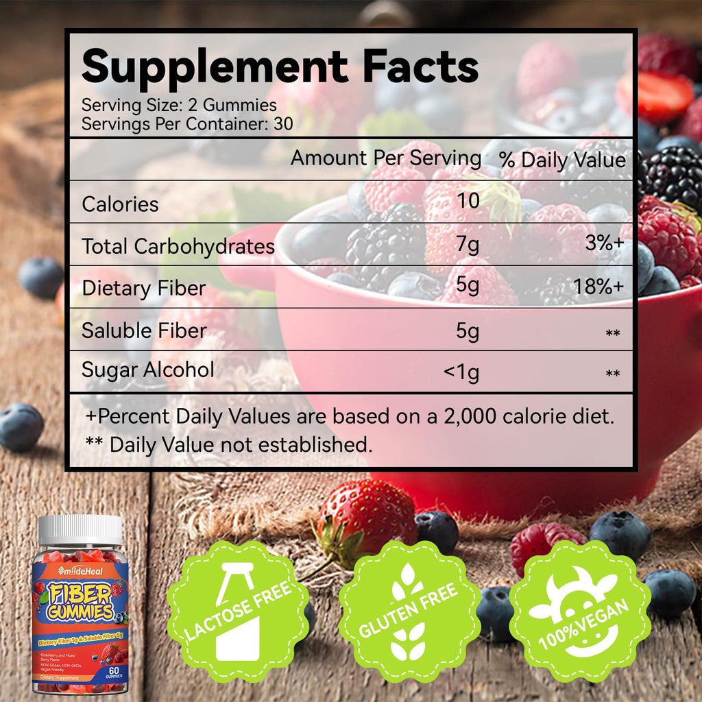 SmildeHeal Fiber Gummies, Dietary Fiber, for Women and Men, Gut Health Support, Non-GMOs, Non-Gluten, Vegan, Mixed Berry and Strawberry Flavor, 60 Count Gummies - FENGGESTORE20