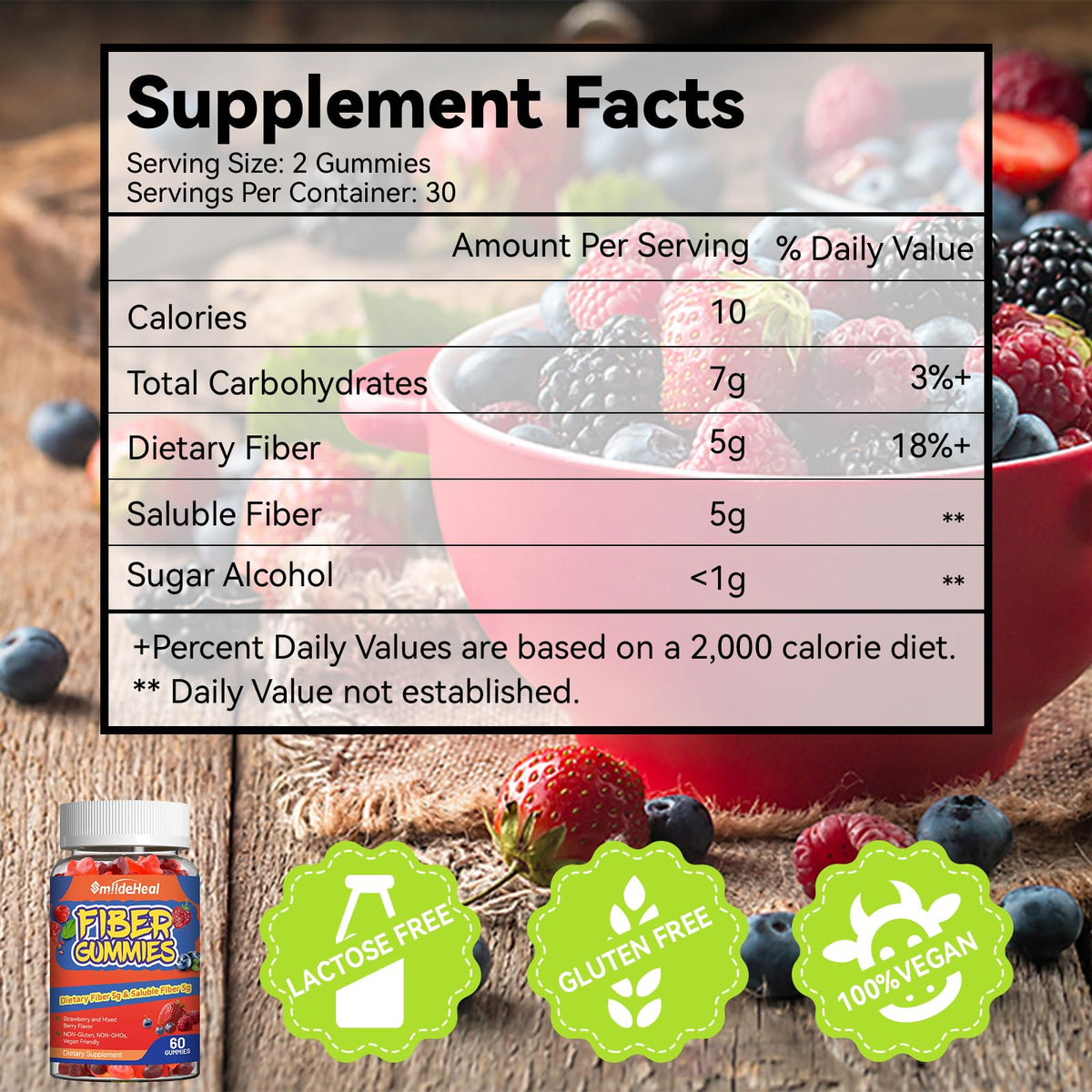SmildeHeal Fiber Gummies, Dietary Fiber, for Women and Men, Gut Health Support, Non-GMOs, Non-Gluten, Vegan, Mixed Berry and Strawberry Flavor, 60 Count Gummies - FENGGESTORE20