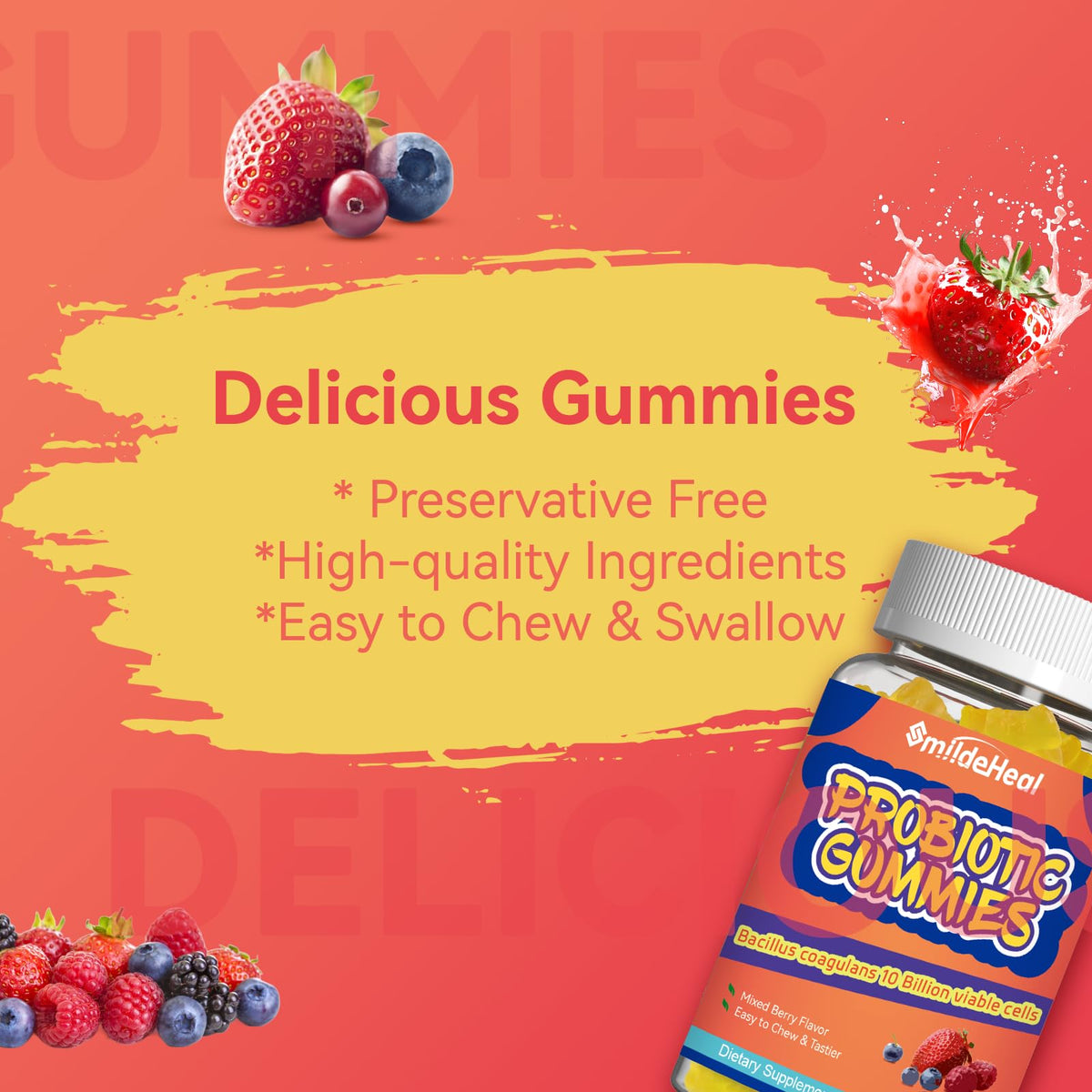 SmildeHeal Probiotic Gummies for Digestive Health - 10 Billion CFU Bacillus Coagulans - Vegan & Non-GMO - Immune & Digestive Support for Men & Women - FENGGESTORE20