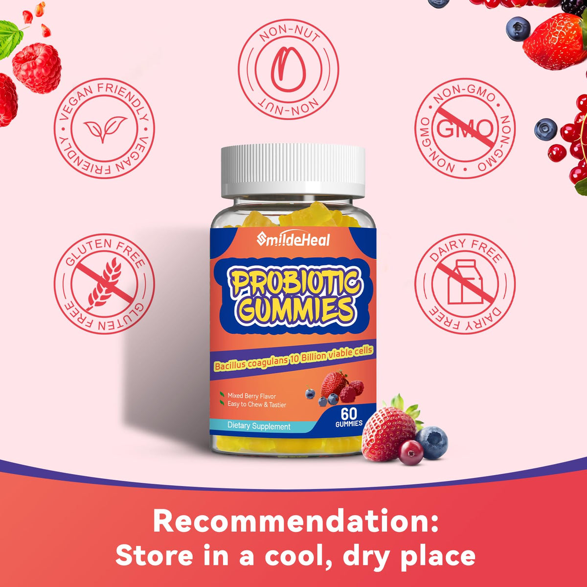 SmildeHeal Probiotic Gummies for Digestive Health - 10 Billion CFU Bacillus Coagulans - Vegan & Non-GMO - Immune & Digestive Support for Men & Women - FENGGESTORE20