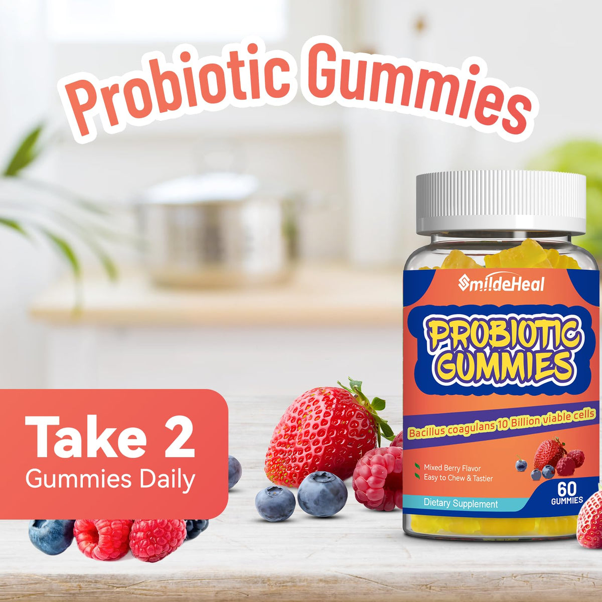 SmildeHeal Probiotic Gummies for Digestive Health - 10 Billion CFU Bacillus Coagulans - Vegan & Non-GMO - Immune & Digestive Support for Men & Women - FENGGESTORE20