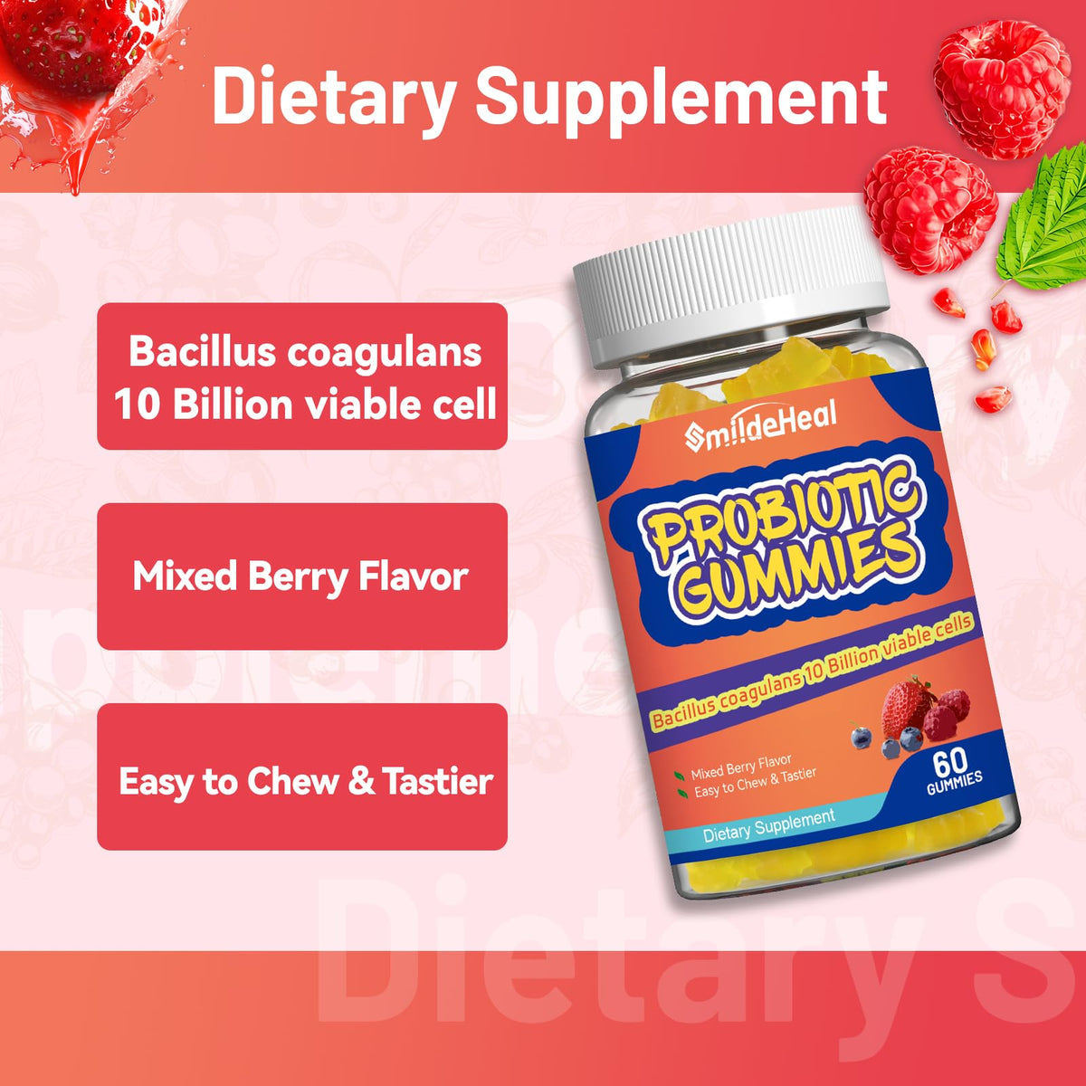 SmildeHeal Probiotic Gummies for Digestive Health - 10 Billion CFU Bacillus Coagulans - Vegan & Non-GMO - Immune & Digestive Support for Men & Women - FENGGESTORE20