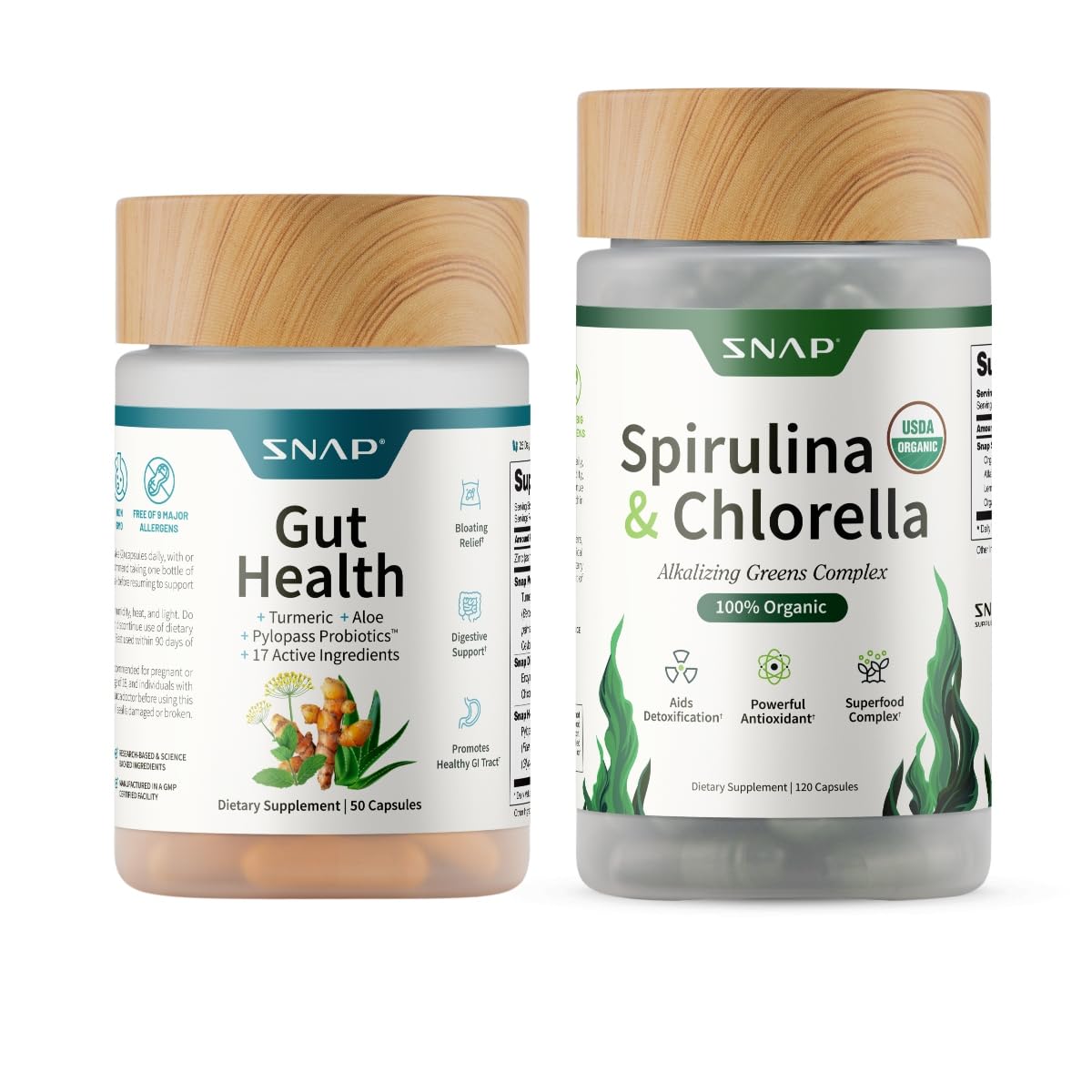 Snap Supplements Gut Health Lipase Supplement & Organic Spirulina Chlorella Bundle–Probiotic + Greens–Supports Digestion, Detox, Energy & Immune Health, 50 - FENGGESTORE20