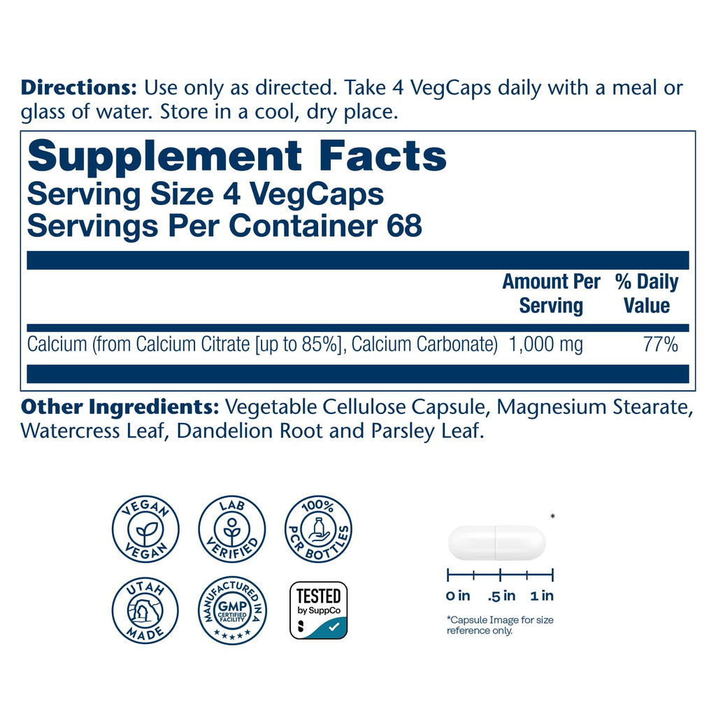 Solaray Calcium Citrate 1000mg - Chelated Calcium Supplement - Supports Bone Strength and Healthy Teeth - Easy to Digest - FENGGESTORE20