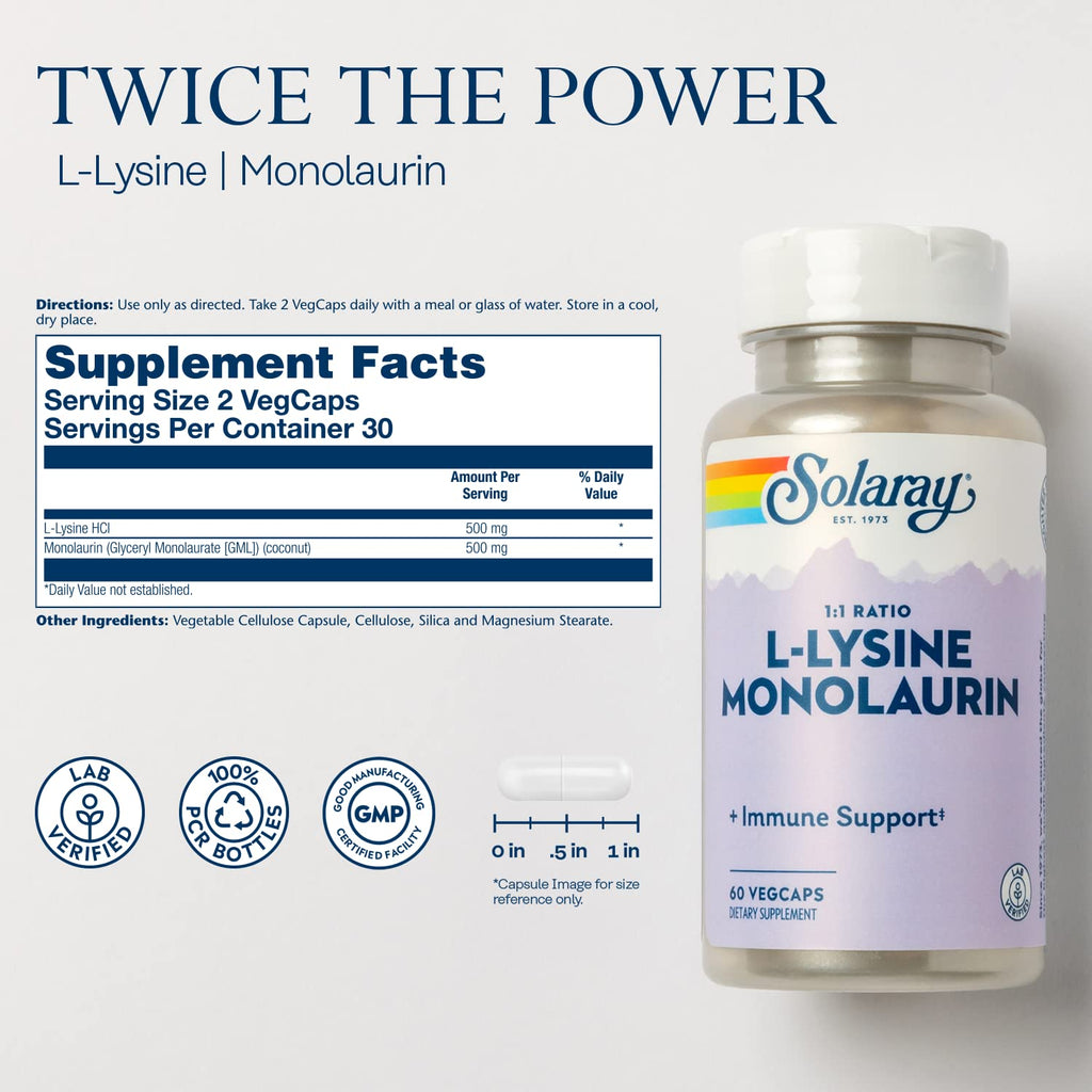 SOLARAY L-Lysine Monolaurin Immune Support Supplement, 1:1 Ratio for Immune System Function, 500 mg Each, 60-Day Money Back Guarantee - FENGGESTORE20