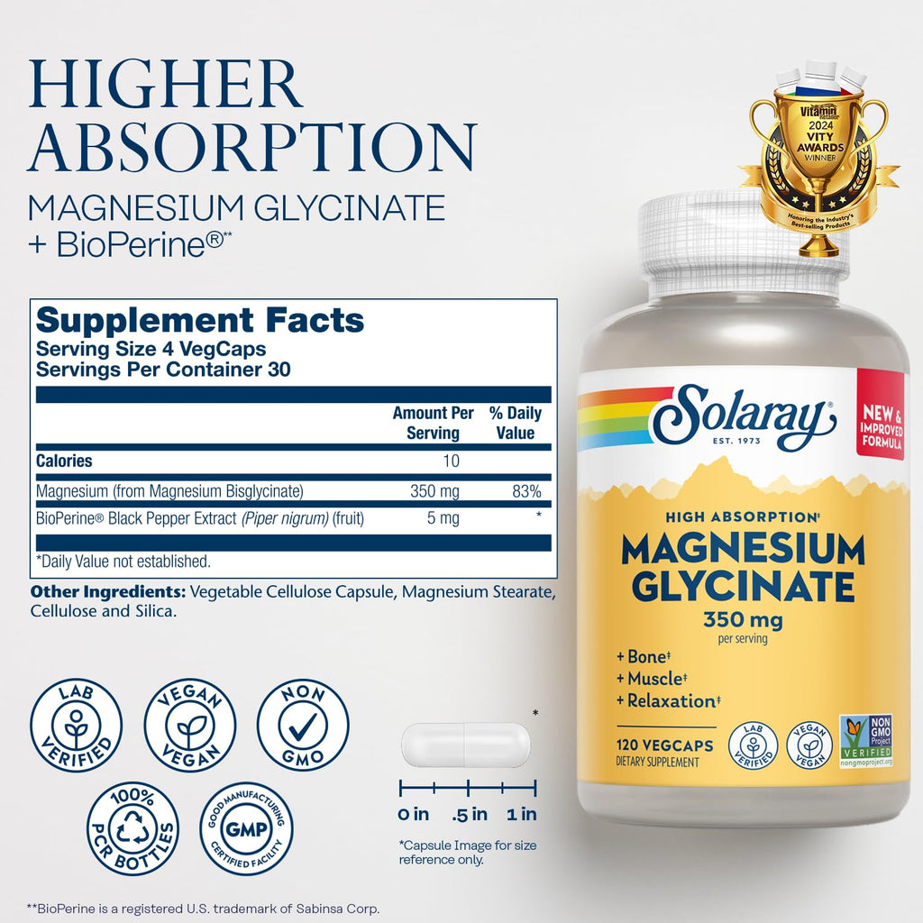 SOLARAY Magnesium Glycinate Capsules, Chelated Magnesium Bisglycinate w/BioPerine, Higher Absorption Magnesium Supplement - Bones, Muscles, Heart Support, Vegan (30 Servings, 120 VegCaps) - FENGGESTORE20