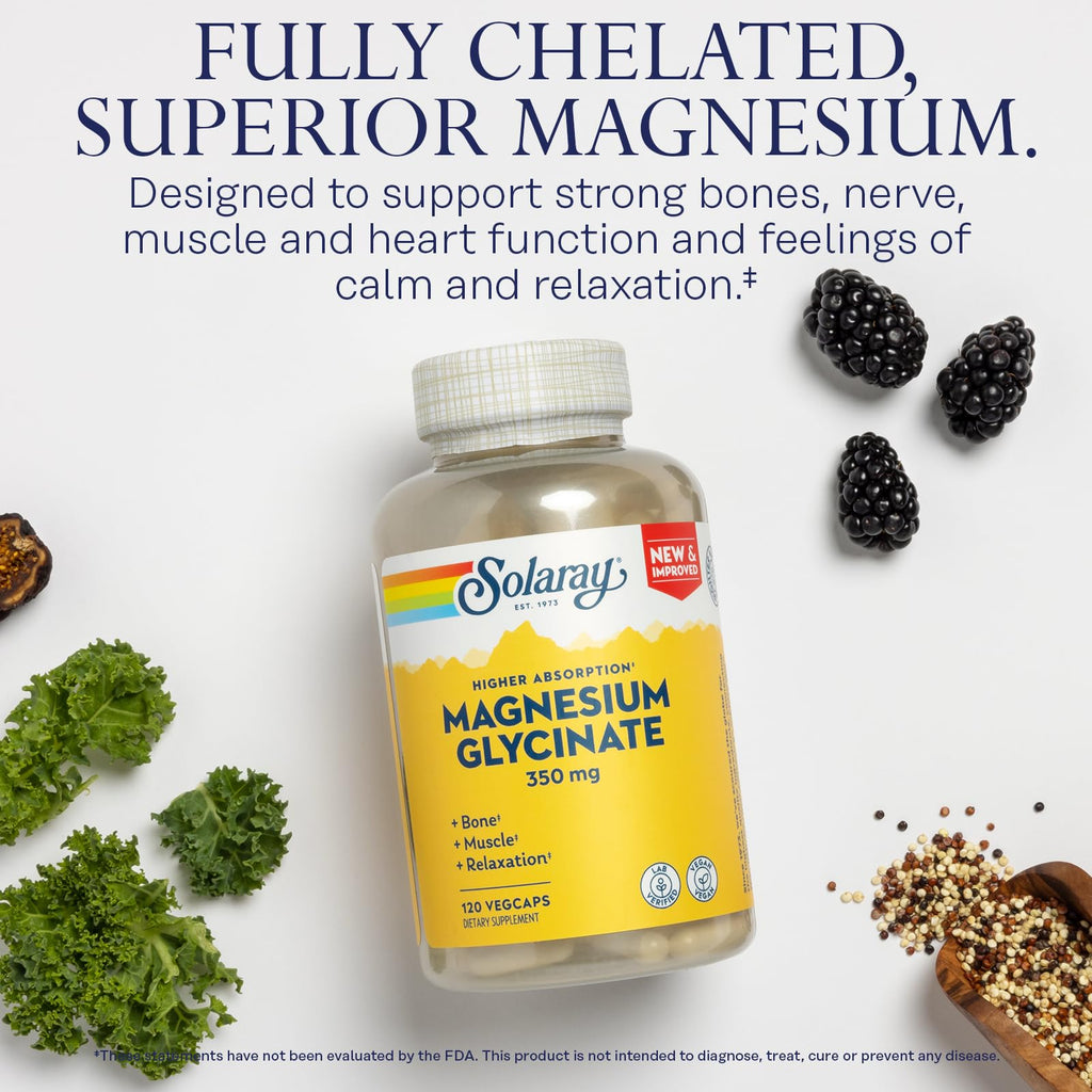 SOLARAY Magnesium Glycinate Capsules, Chelated Magnesium Bisglycinate w/BioPerine, Higher Absorption Magnesium Supplement - Bones, Muscles, Heart Support, Vegan (30 Servings, 120 VegCaps) - FENGGESTORE20