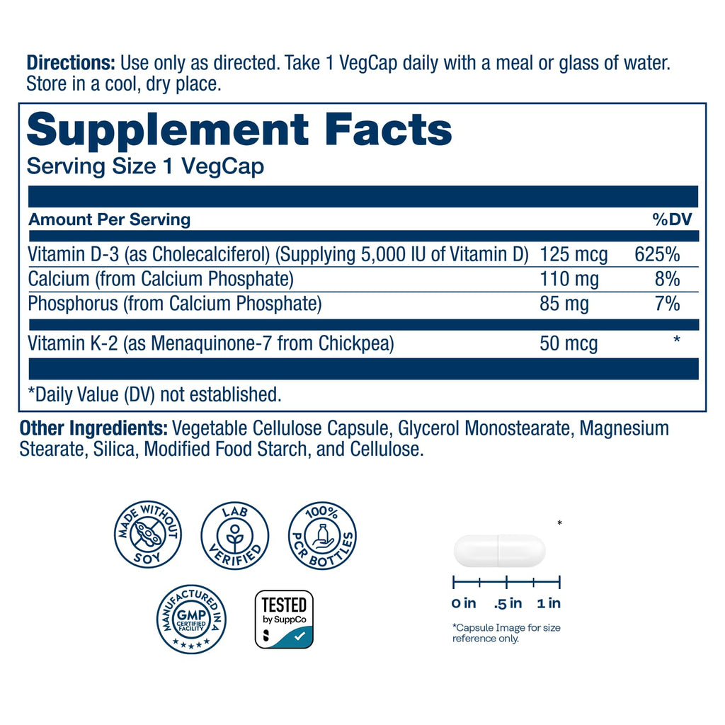 SOLARAY Vitamin D3 K2 - Bone Health and Immune Support Supplement - With 5000 IU Vitamin D as Vit D3 and 50 mcg Vitamin K2 as Menoquinone MK7, Made Without Soy - FENGGESTORE20