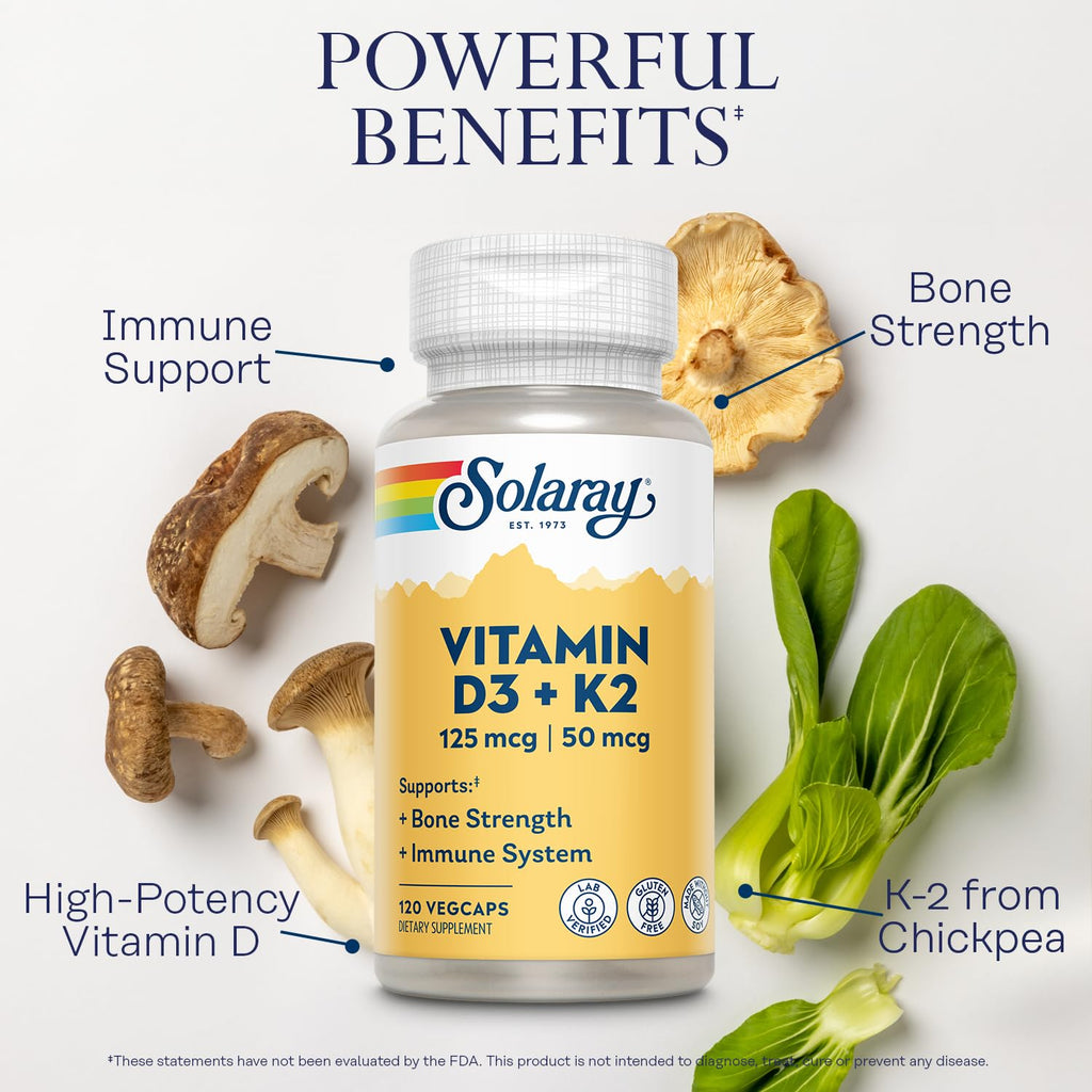SOLARAY Vitamin D3 K2 - Bone Health and Immune Support Supplement - With 5000 IU Vitamin D as Vit D3 and 50 mcg Vitamin K2 as Menoquinone MK7, Made Without Soy - FENGGESTORE20
