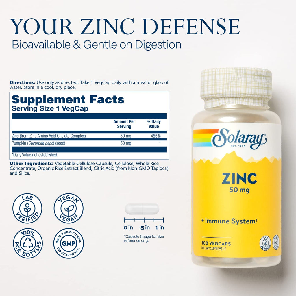 Solaray Zinc 50mg Immune Support Capsules, 100 Count, Vegan, Pumpkin Seed - FENGGESTORE20