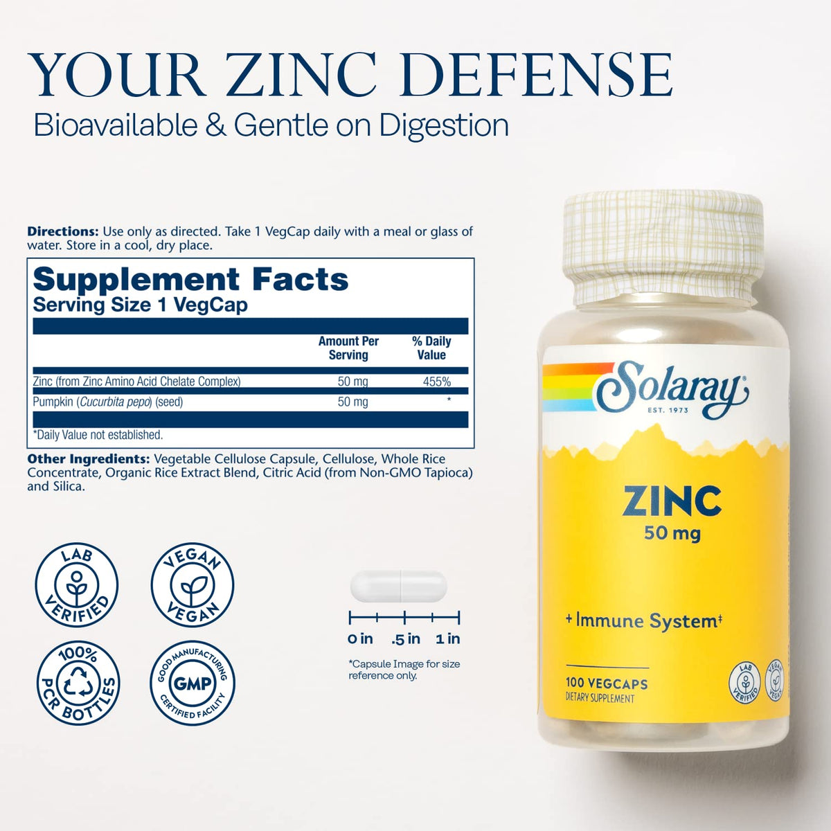 Solaray Zinc 50mg Immune Support Capsules, 100 Count, Vegan, Pumpkin Seed - FENGGESTORE20