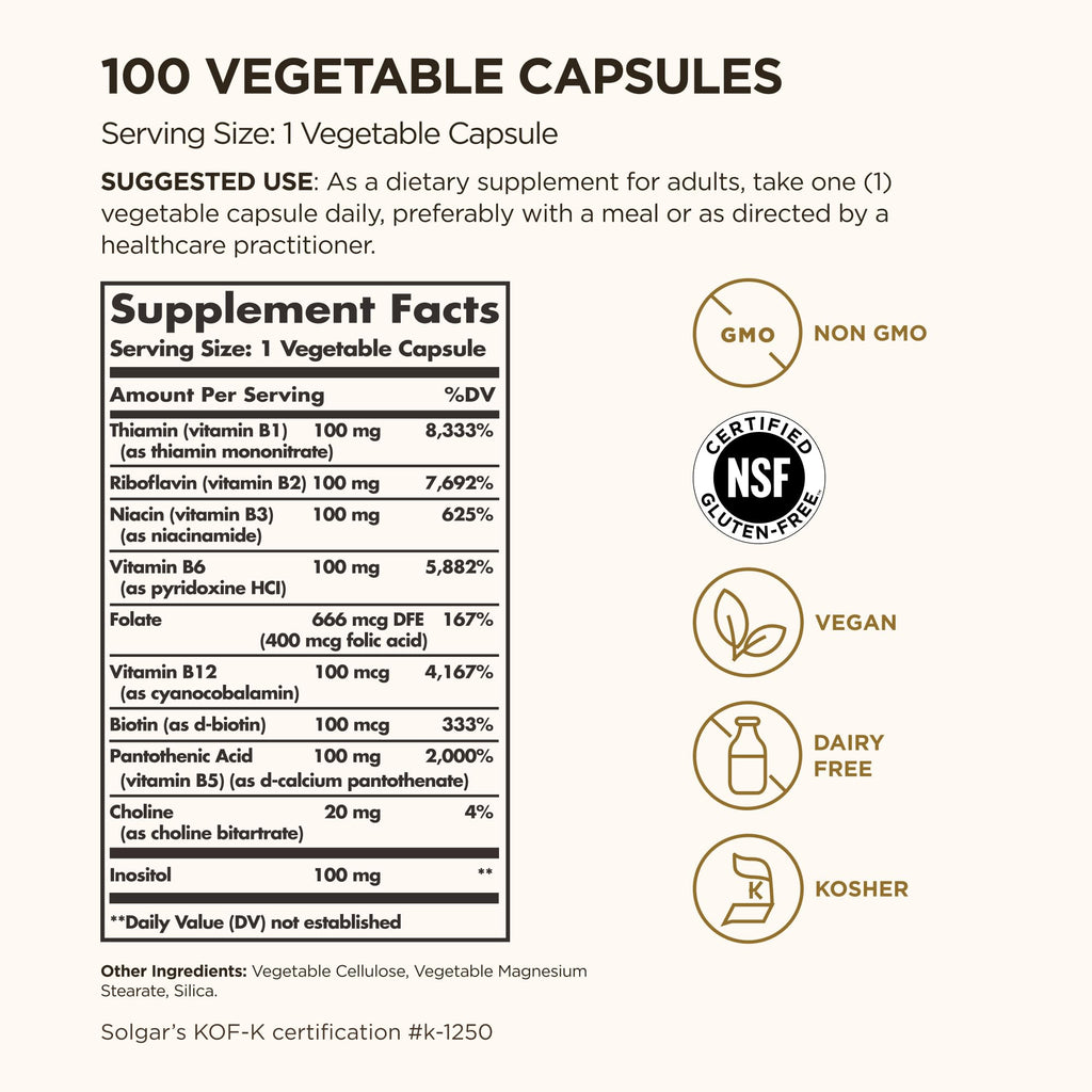Solgar B-Complex "100", 100 Vegetable Capsules - Nervous System Support - Supports Energy Metabolism - Non-GMO, Vegan, Gluten Free, - FENGGESTORE20