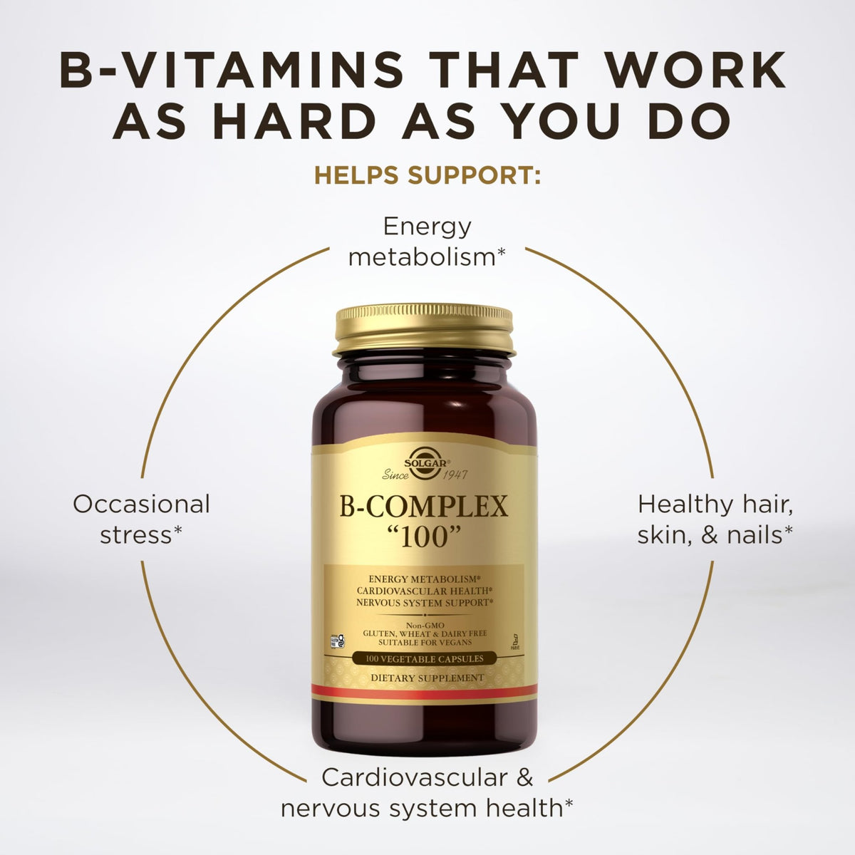 Solgar B-Complex "100", 100 Vegetable Capsules - Nervous System Support - Supports Energy Metabolism - Non-GMO, Vegan, Gluten Free, - FENGGESTORE20