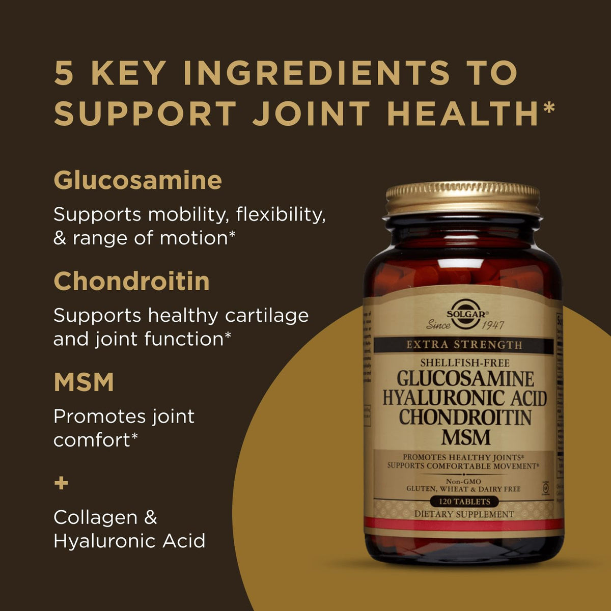 Solgar Glucosamine Hyaluronic Acid Chondroitin MSM, 120 Tablets - Supports Healthy Joints - Supports Range of Motion & Flexibility - Extra Strength, Shellfish Free - FENGGESTORE20