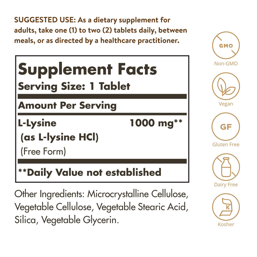 Solgar L-Lysine 1000 mg, 250 Tablets - Enhanced Absorption and Assimilation - Promotes Integrity of Skin and Lips - Collagen Support - Amino Acids - FENGGESTORE20