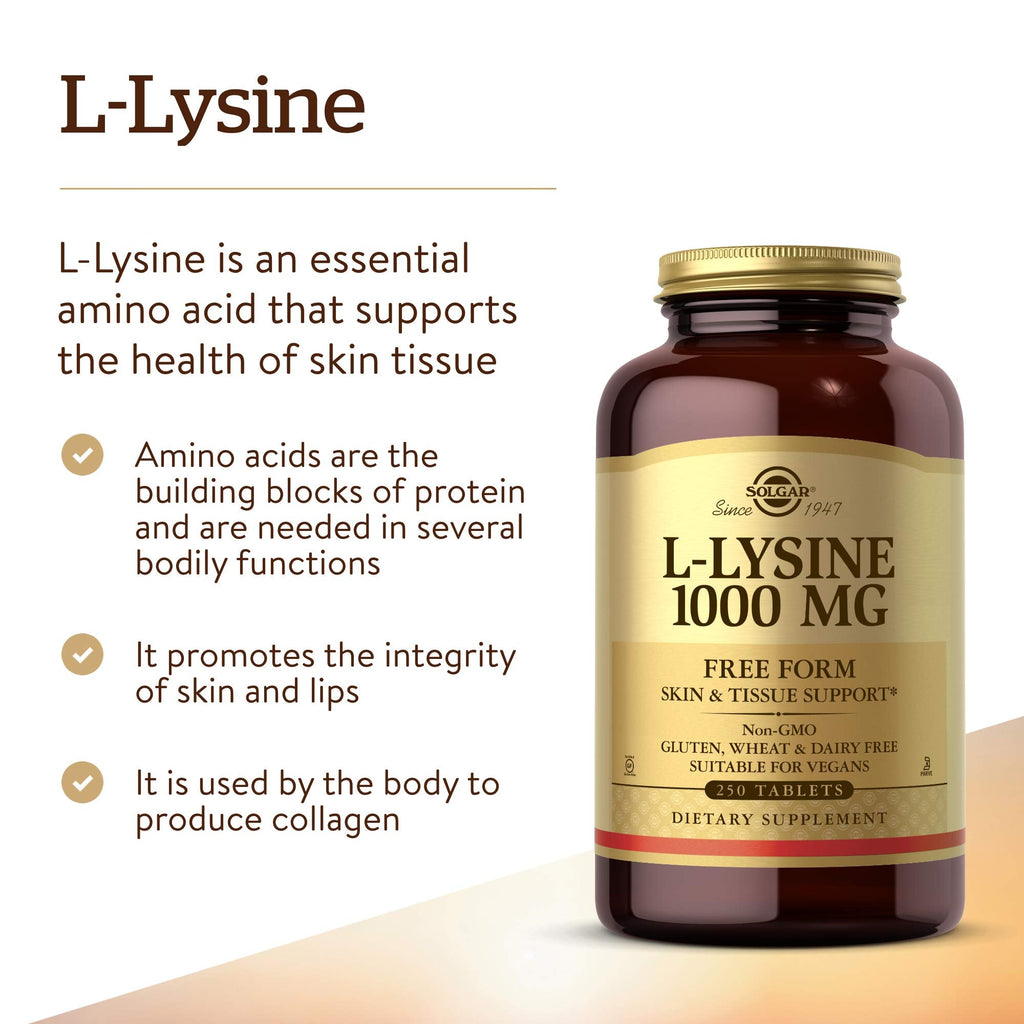 Solgar L-Lysine 1000 mg, 250 Tablets - Enhanced Absorption and Assimilation - Promotes Integrity of Skin and Lips - Collagen Support - Amino Acids - FENGGESTORE20