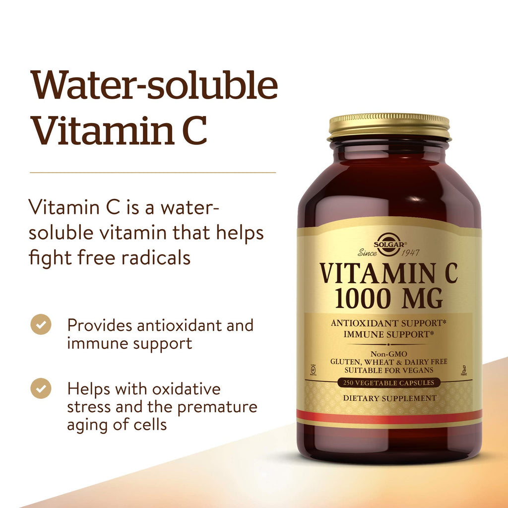 Solgar Vitamin C 1000 mg, 250 Vegetable Capsules - Antioxidant & Immune Support - Overall Health - Healthy Skin & Joints - Bioflavonoids Supplement - FENGGESTORE20