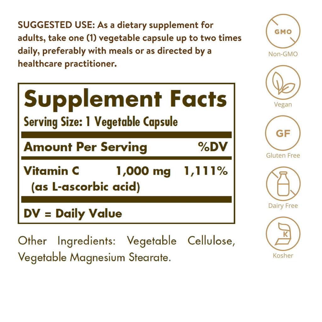 Solgar Vitamin C 1000 mg, 250 Vegetable Capsules - Antioxidant & Immune Support - Overall Health - Healthy Skin & Joints - Bioflavonoids Supplement - FENGGESTORE20