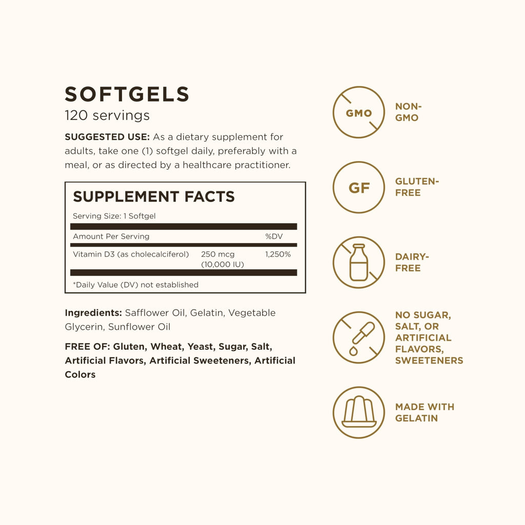 Solgar Vitamin D3 (Cholecalciferol) 250 MCG (10,000 IU), 120 Softgels - Helps Maintain Healthy Bones & Teeth - Immune System Support - FENGGESTORE20