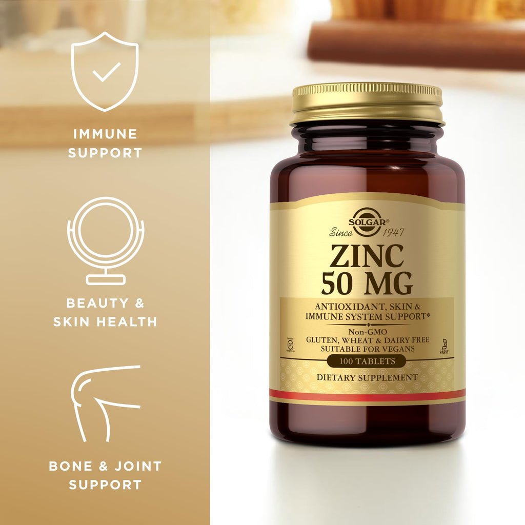 Solgar Zinc 50 mg, 100 Tablets - Zinc for Healthy Skin, Taste & Vision - Immune System & Antioxidant Support - Supports Cell Growth & DNA Formation - FENGGESTORE20