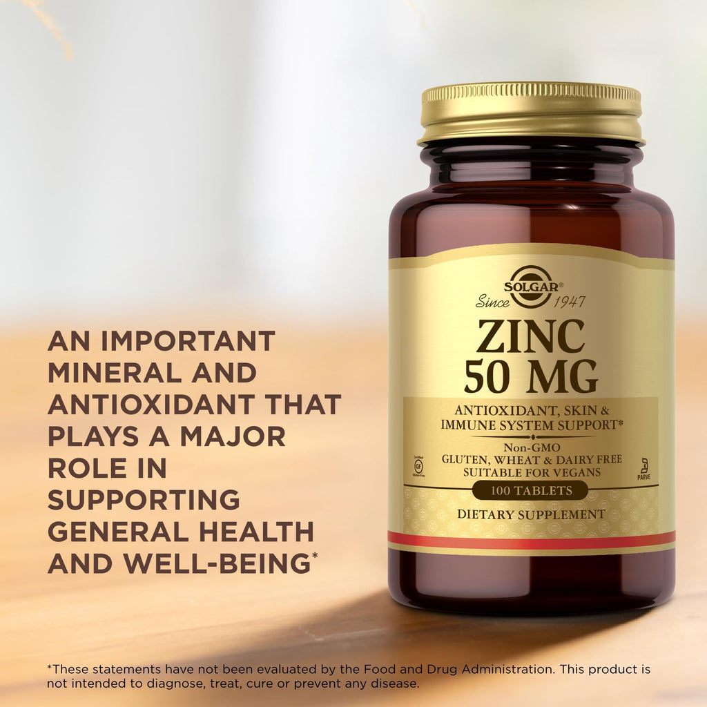 Solgar Zinc 50 mg, 100 Tablets - Zinc for Healthy Skin, Taste & Vision - Immune System & Antioxidant Support - Supports Cell Growth & DNA Formation - FENGGESTORE20