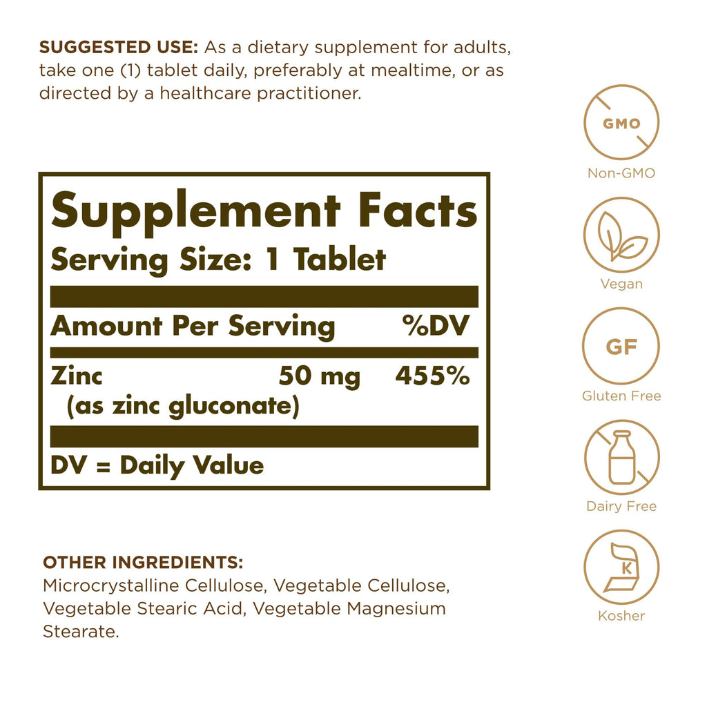 Solgar Zinc 50 mg, 100 Tablets - Zinc for Healthy Skin, Taste & Vision - Immune System & Antioxidant Support - Supports Cell Growth & DNA Formation - FENGGESTORE20