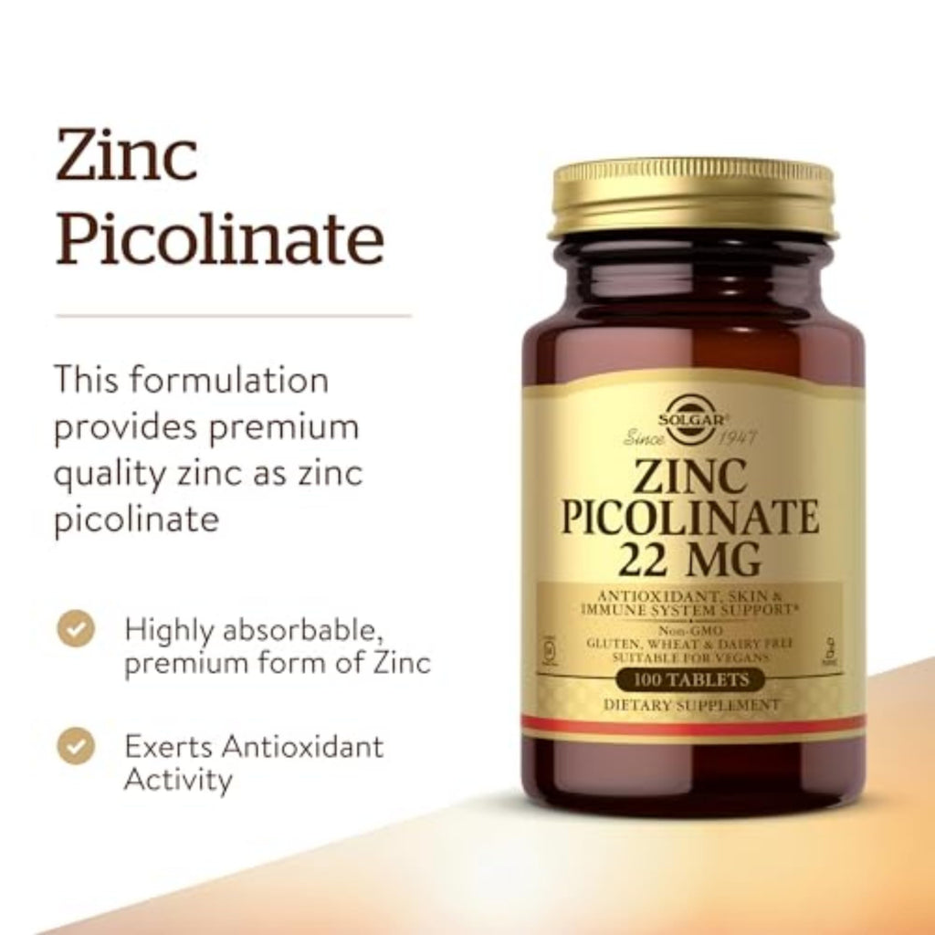 Solgar Zinc Picolinate 22 mg, 100 Tablets - Promotes Healthy Skin - Supports Immune System, Normal Taste & Vision - Antioxidant – Non-GMO, Vegan - FENGGESTORE20