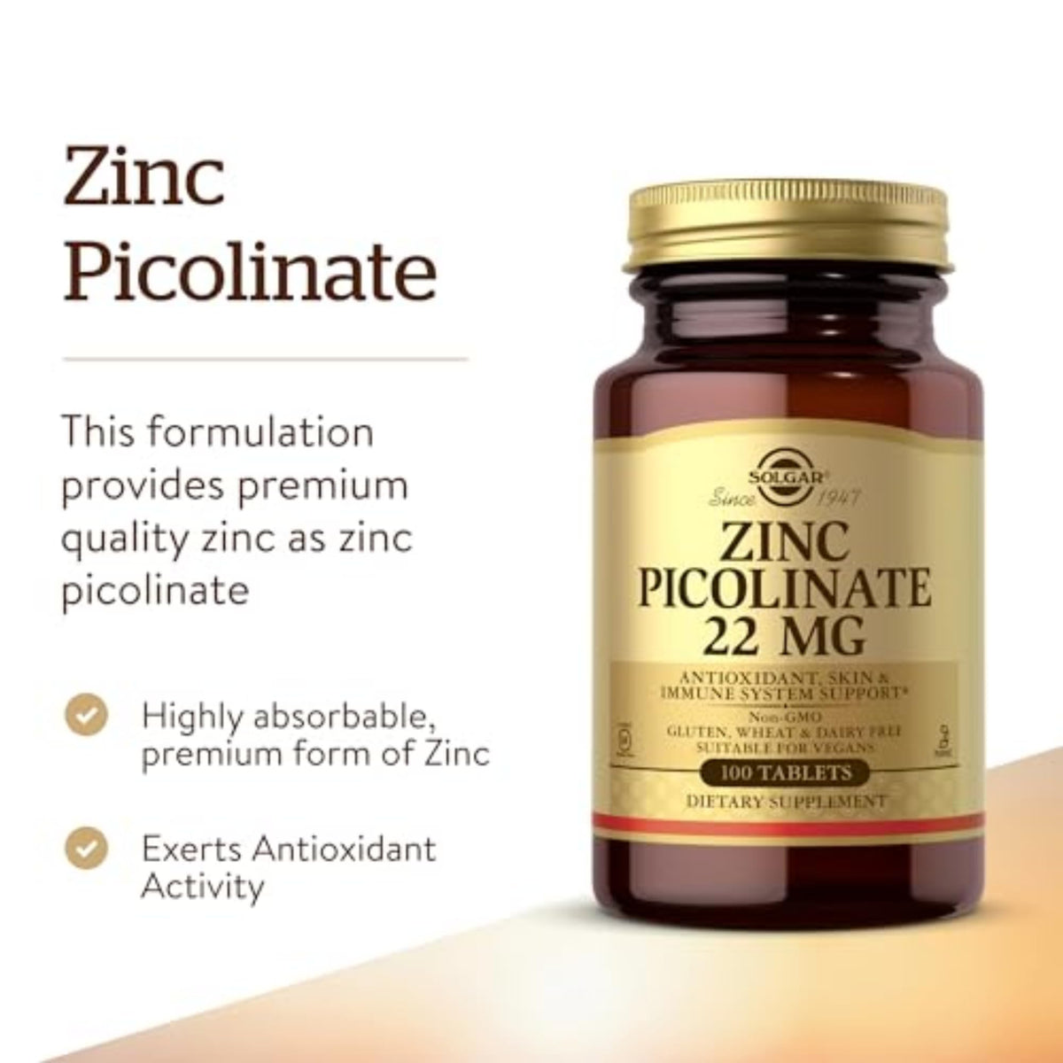 Solgar Zinc Picolinate 22 mg, 100 Tablets - Promotes Healthy Skin - Supports Immune System, Normal Taste & Vision - Antioxidant – Non-GMO, Vegan - FENGGESTORE20