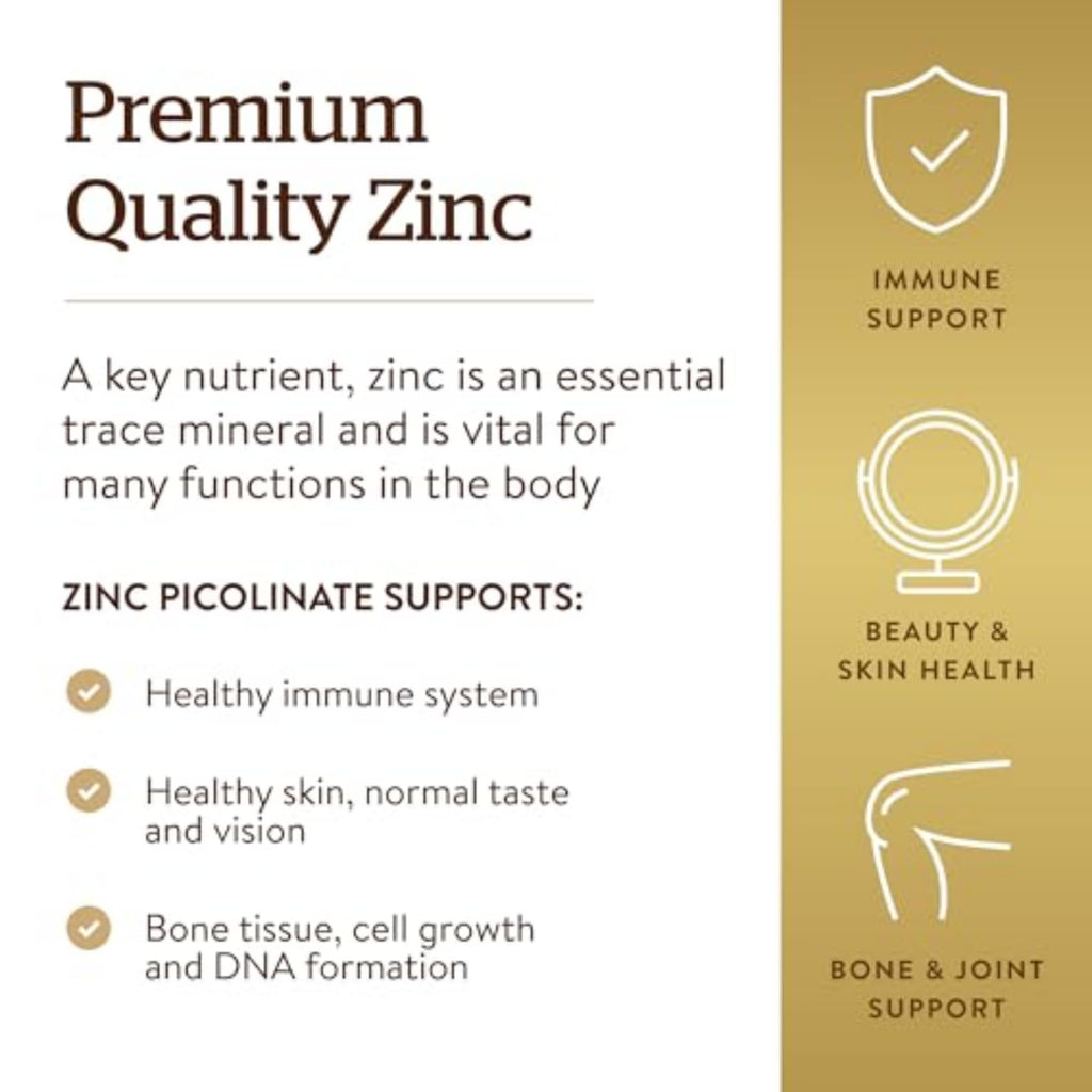 Solgar Zinc Picolinate 22 mg, 100 Tablets - Promotes Healthy Skin - Supports Immune System, Normal Taste & Vision - Antioxidant – Non-GMO, Vegan - FENGGESTORE20