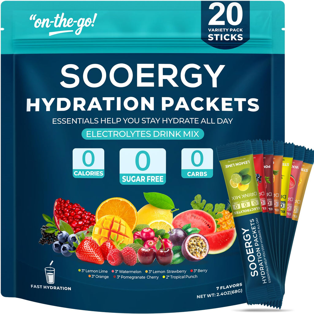 Sooergy Electrolytes Powder Packets Sugar Free Hydration Packets, 7 Flavors Liquid Daily IV Electrolyte Drink Mixes for Rehydration - FENGGESTORE20