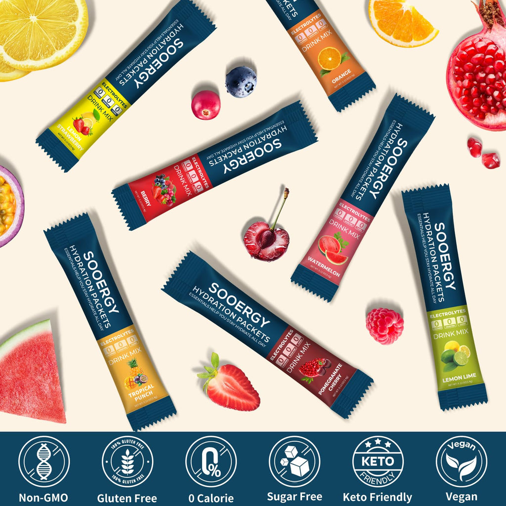 Sooergy Electrolytes Powder Packets Sugar Free Hydration Packets, 7 Flavors Liquid Daily IV Electrolyte Drink Mixes for Rehydration - FENGGESTORE20