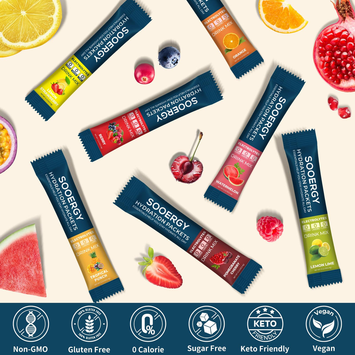 Sooergy Electrolytes Powder Packets Sugar Free Hydration Packets, 7 Flavors Liquid Daily IV Electrolyte Drink Mixes for Rehydration - FENGGESTORE20