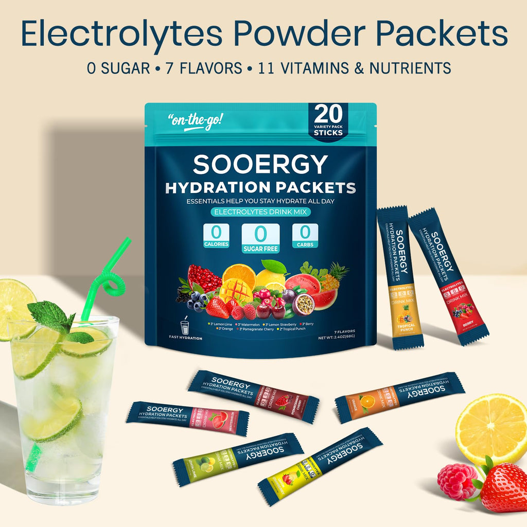 Sooergy Electrolytes Powder Packets Sugar Free Hydration Packets, 7 Flavors Liquid Daily IV Electrolyte Drink Mixes for Rehydration - FENGGESTORE20