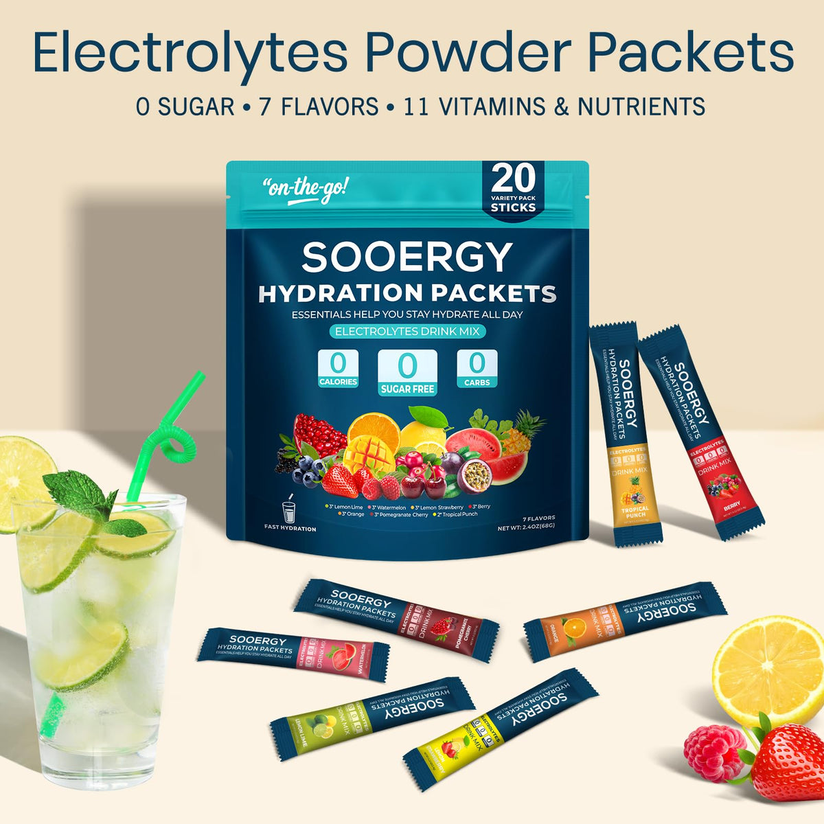 Sooergy Electrolytes Powder Packets Sugar Free Hydration Packets, 7 Flavors Liquid Daily IV Electrolyte Drink Mixes for Rehydration - FENGGESTORE20