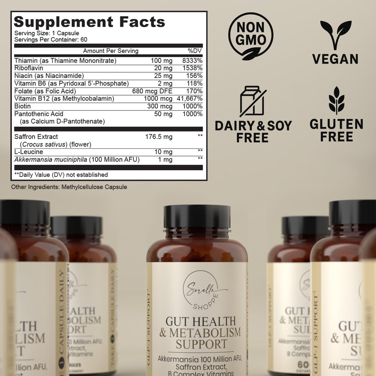 SORELLE SHOPPE Akkermansia Muciniphila Probiotic + Saffron + B Complex | Core Gut Health & Daily Wellness | Mood & Metabolism Support - FENGGESTORE20